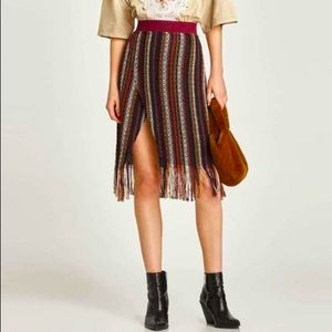 ZARA Woven Fringe Striped Wrap Midi Skirt
